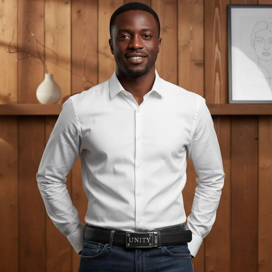 FEDEY Mens Classic Ratchet Leather Belt with UNITY Statement Buckle