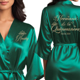 Personalized emerald green quinceanera robes with champagne gold glitter. Hermana de la quinceanera getting ready robes.