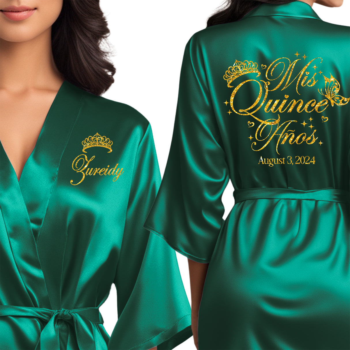 Personalized satin emerald green quinceanera robes. The perfect getting ready mis quince anos robes with gold glitter designs featuring hearts and butterflies. Great quinceanera gifts.