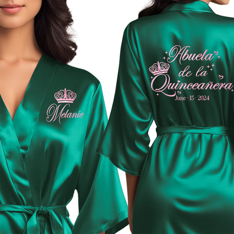 Front and back personalized satin quinceanera robes at knee length. Abuela de la quinceanera getting ready robes.