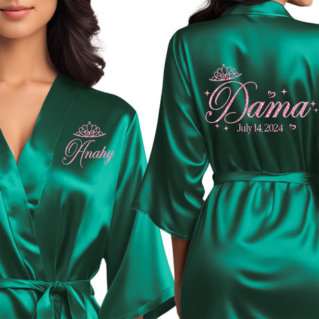 Emerald green quinceanera robes for damas. Beautiful satin emerald green robes with pink glitter.