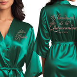 Women's quinceanera satin robes. Personalize with your name and event date. Emerald green quince robes for little sister.