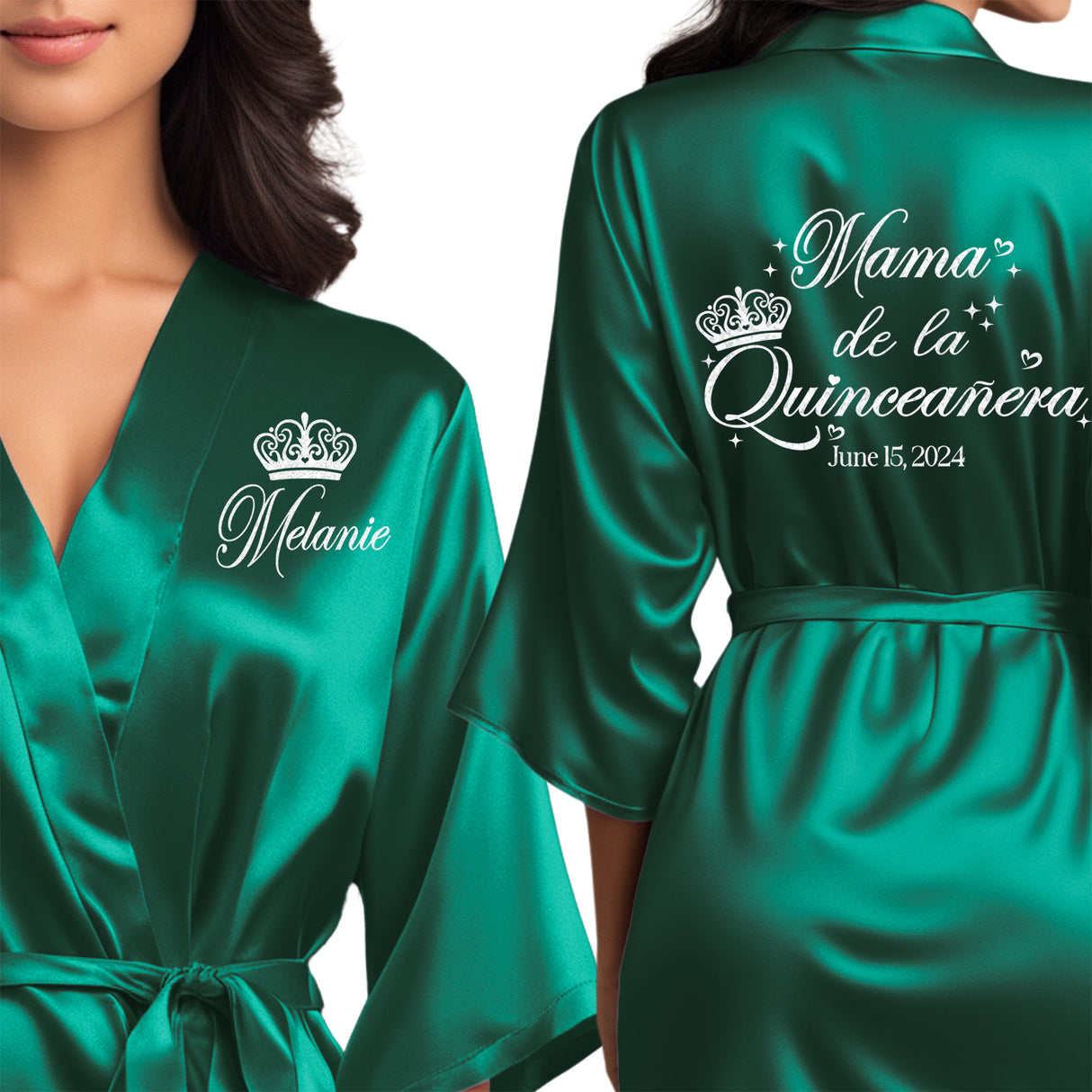 Personalized satin emerald green mama de la quinceanera robes. Emerald green quince robes with white glitter. 