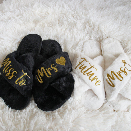Bride-to-be engagement slippers perfect for engagement celebrations and gift sets.