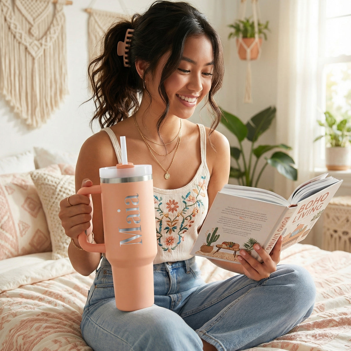 Women and Girls Engraved Personalized 40oz Tumbler with Handle, Custom Gifts for Her