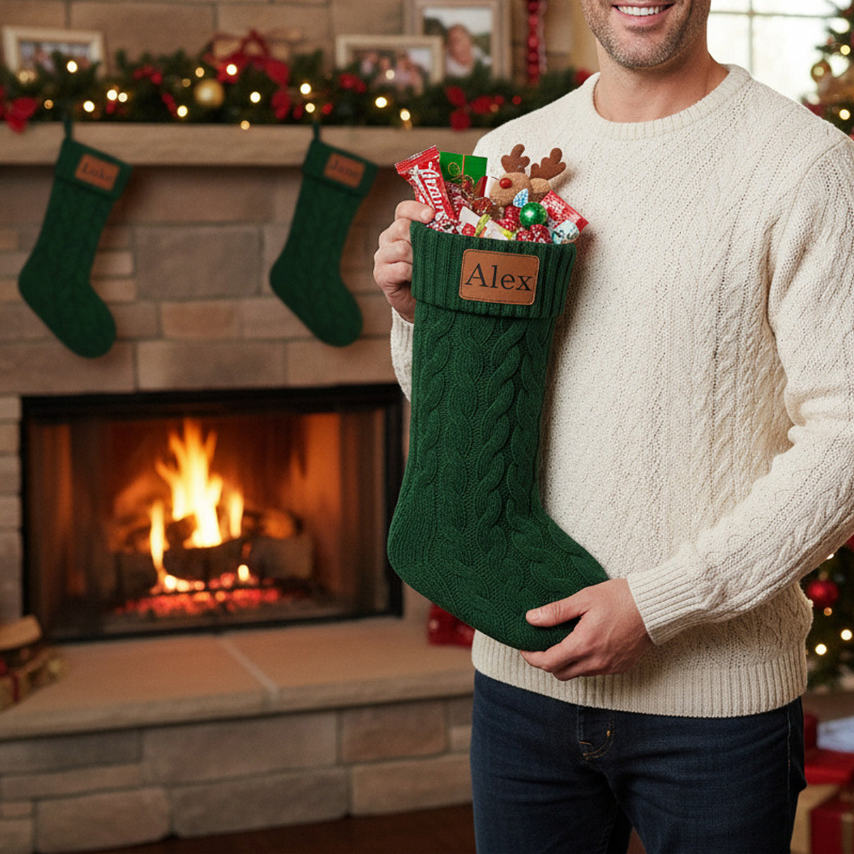 18-inch dark green Christmas stockings personalized with name on custom rawhide leather patch attached to stocking.