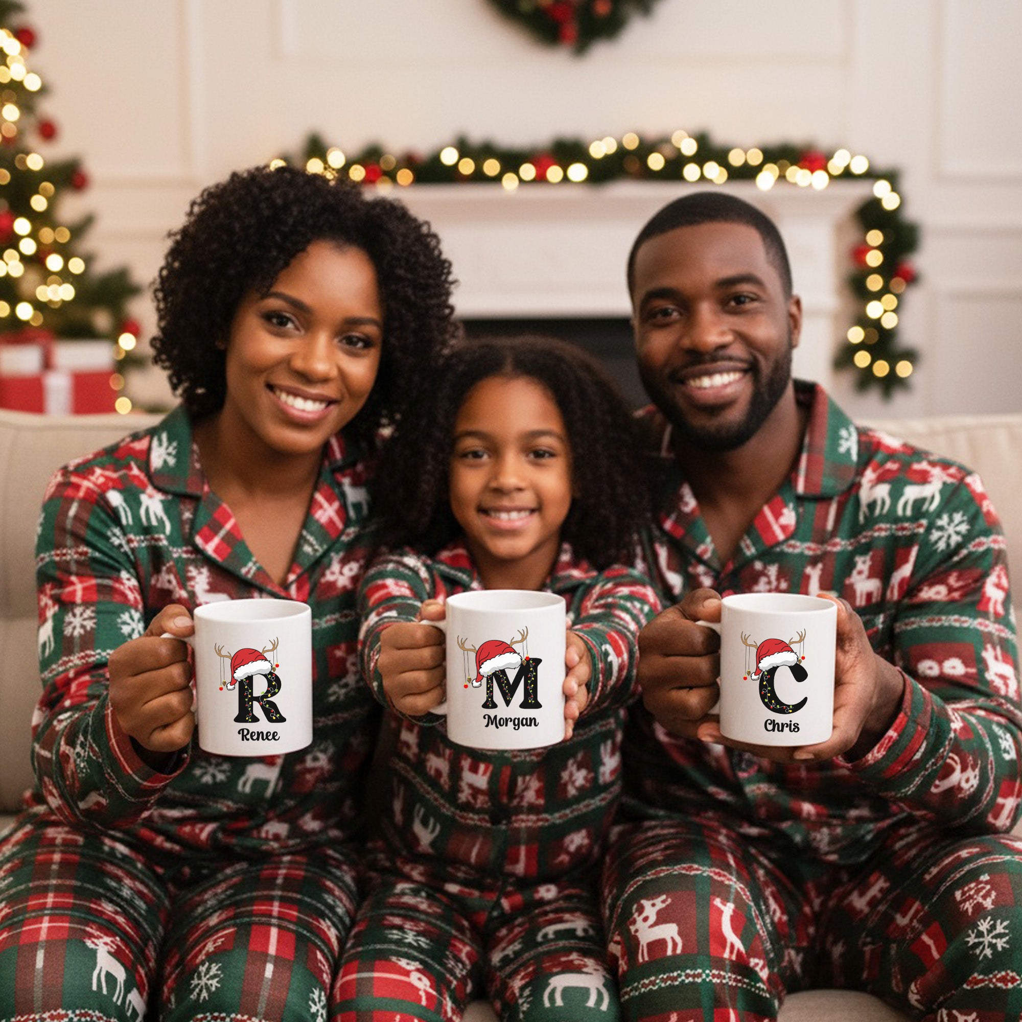 Christmas Lights Reindeer Initial Personalized Christmas Mugs for Kids and Adults