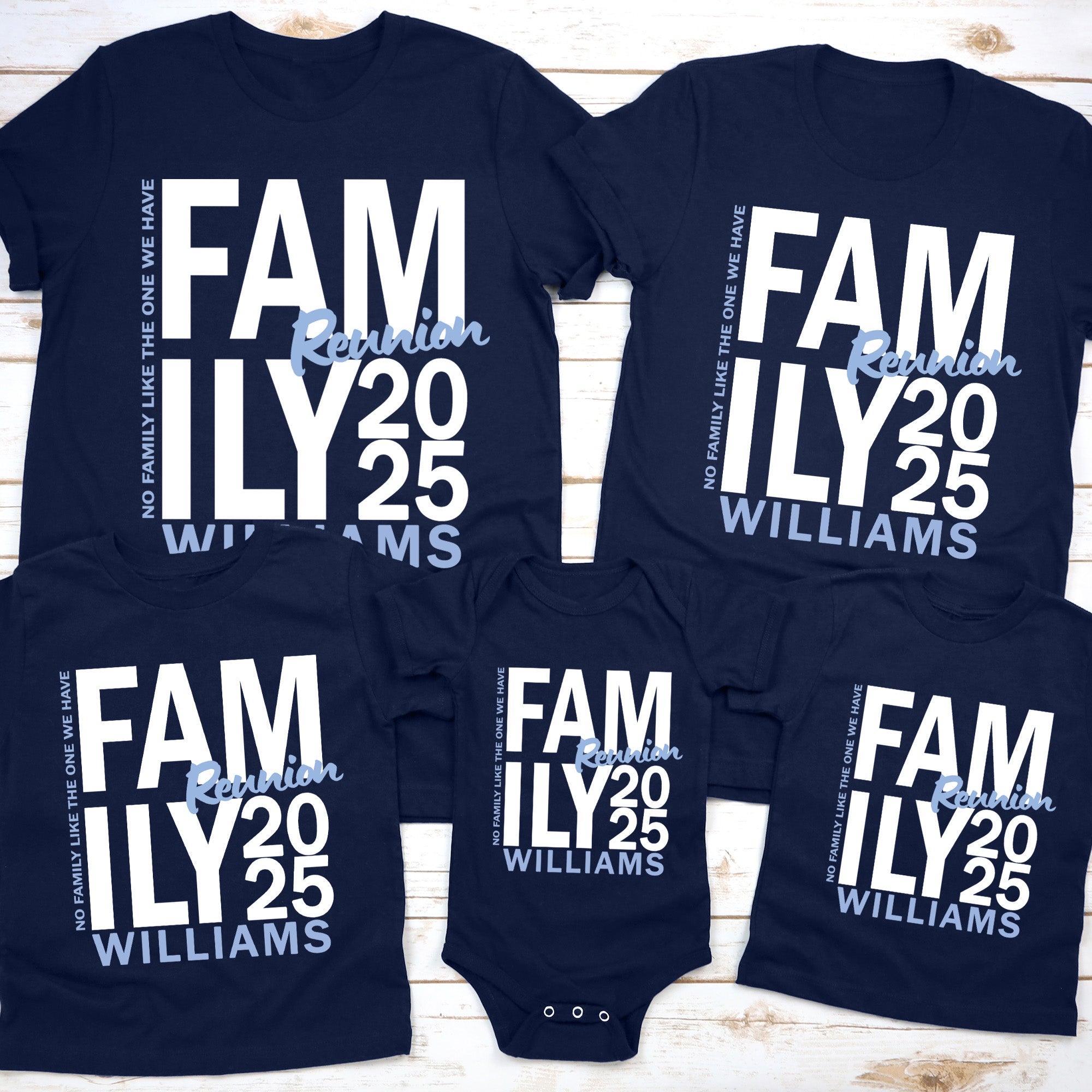 Funny matching family reunion shirts, personalized family gathering tees for group events and family photos.