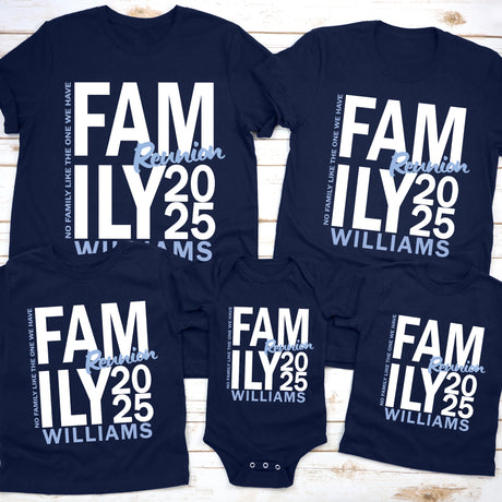 Funny matching family reunion shirts, personalized family gathering tees for group events and family photos.