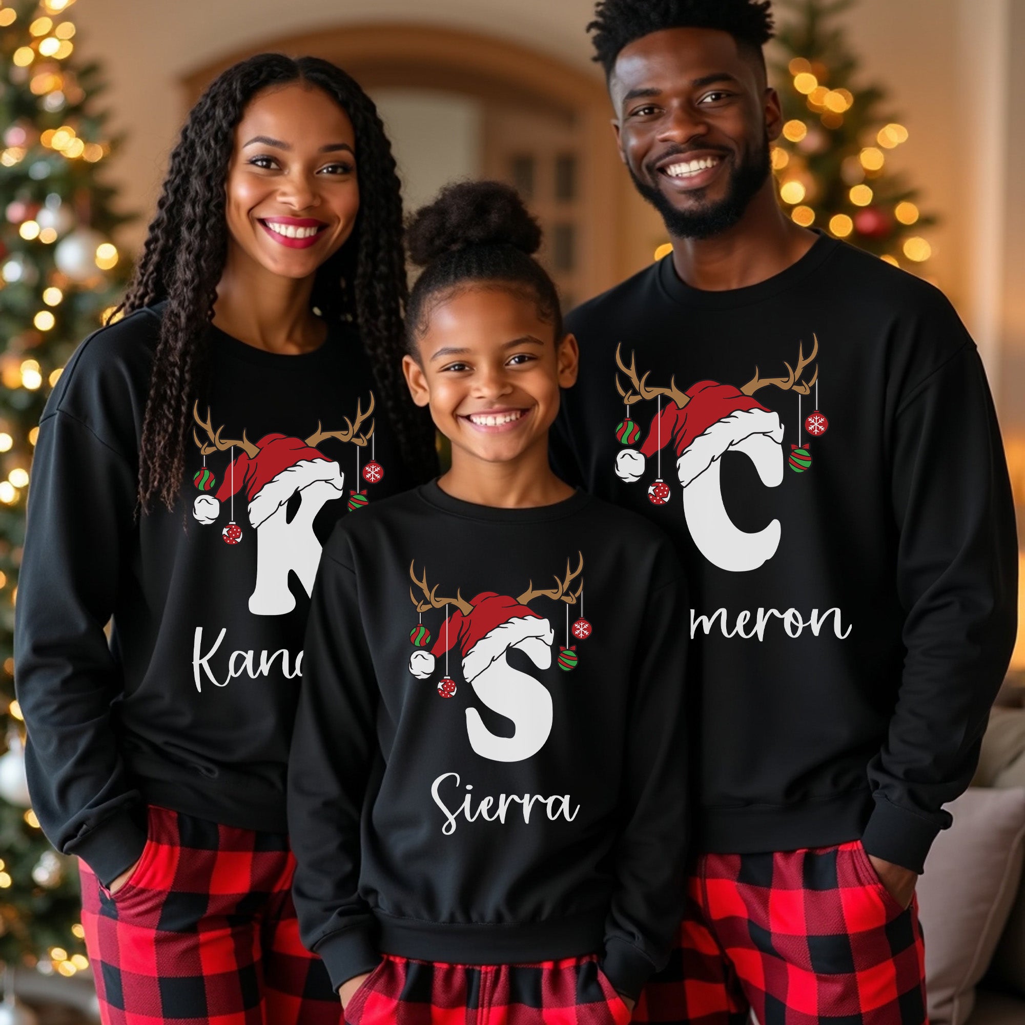 Cute personalized matching family Christmas pajamas with name and initial.
