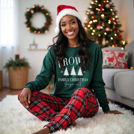 Dark green matching family Christmas sweater. 
