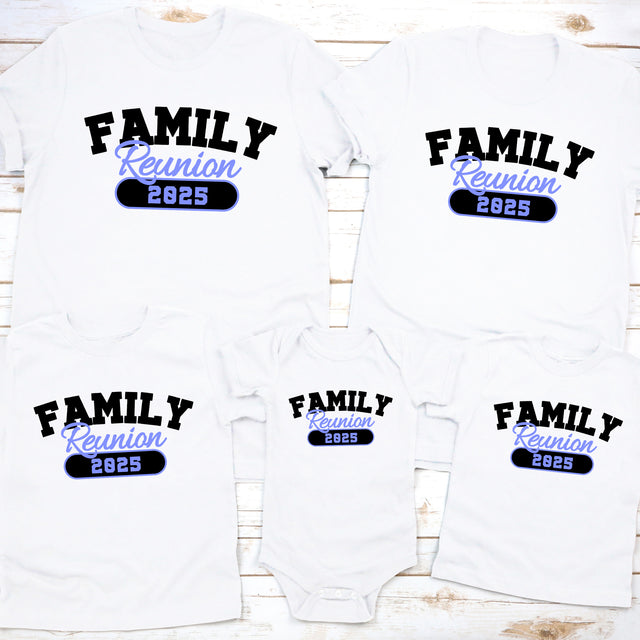 Personalized minimalist family reunion shirts with custom year and matching family name design, ideal for reunions and group events.