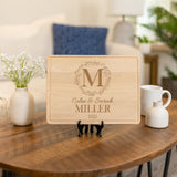 Personalized wedding gifts with name and wedding year. Maple wood custom cutting board for couples.