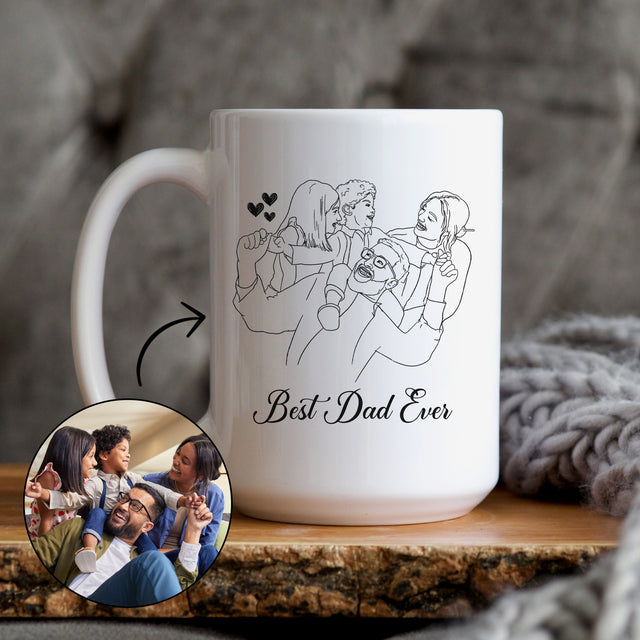 Custom family portrait line art mug created from photo, personalized gift for Dad from kids or wife. Custom mug for father with names. 