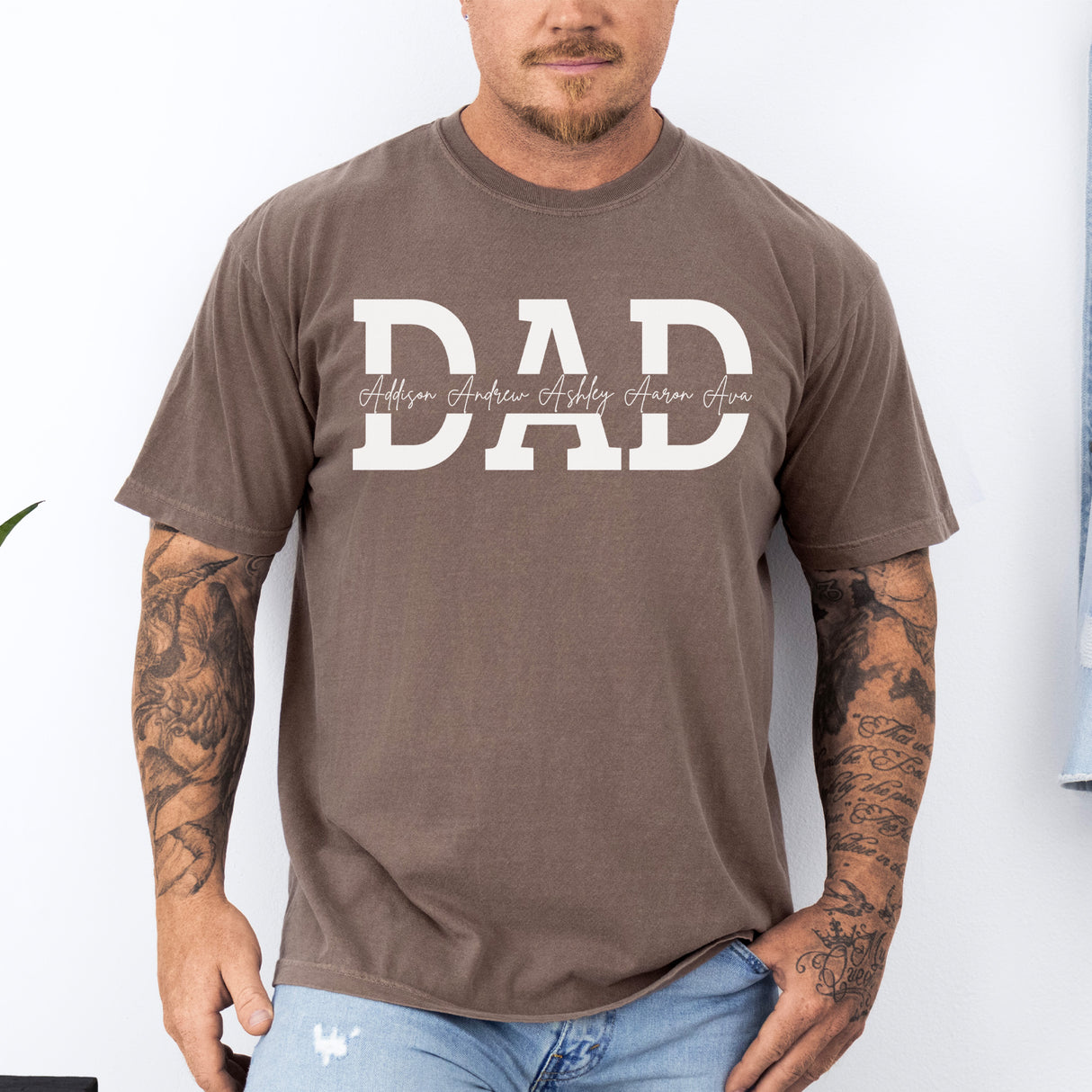 Brown Meaningful personalized dad shirt with kids' names, ideal for Father’s Day, birthdays, or any dad celebration.