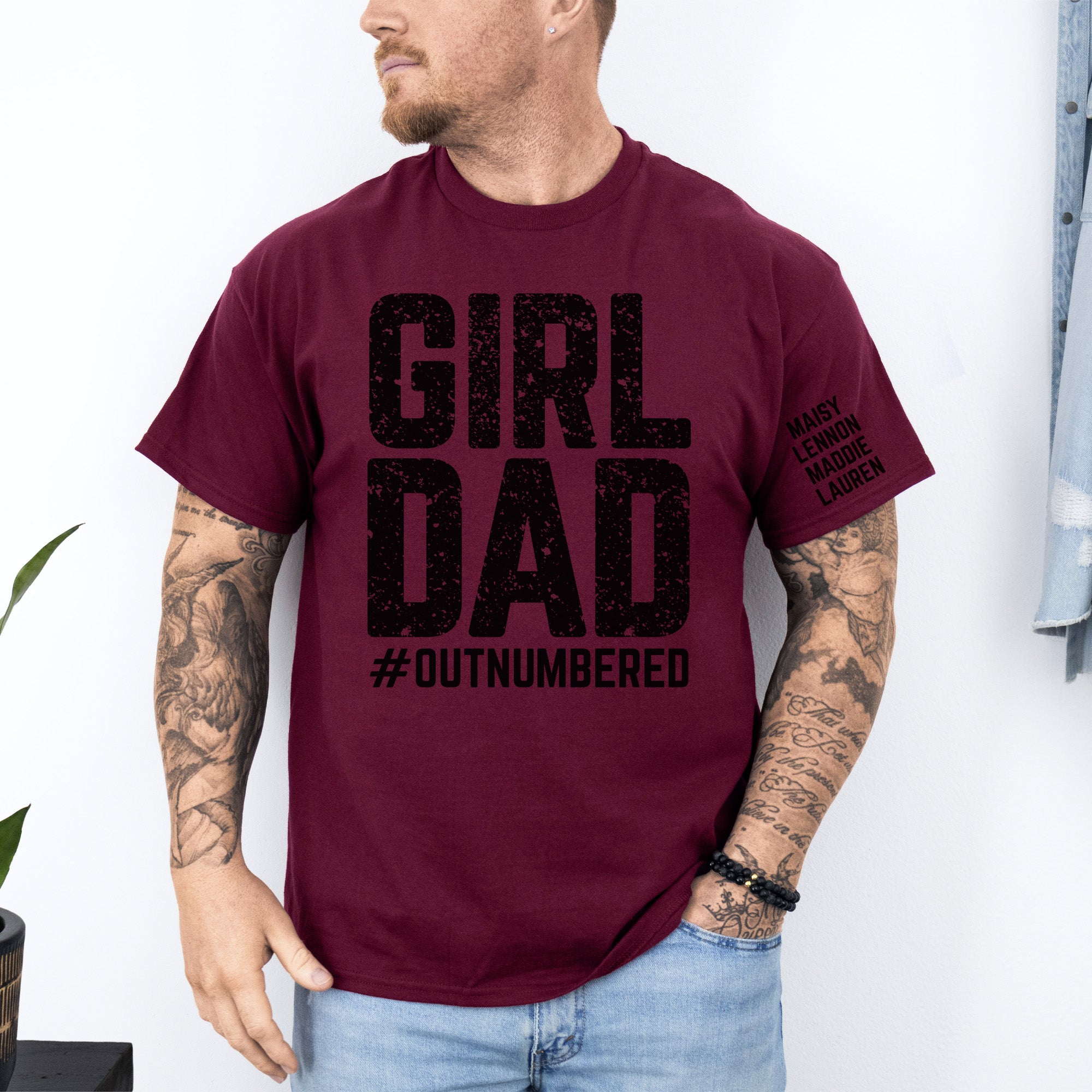 Custom girl dad t-shirt with kids names printed, ideal birthday or Christmas gift for fathers of daughters.