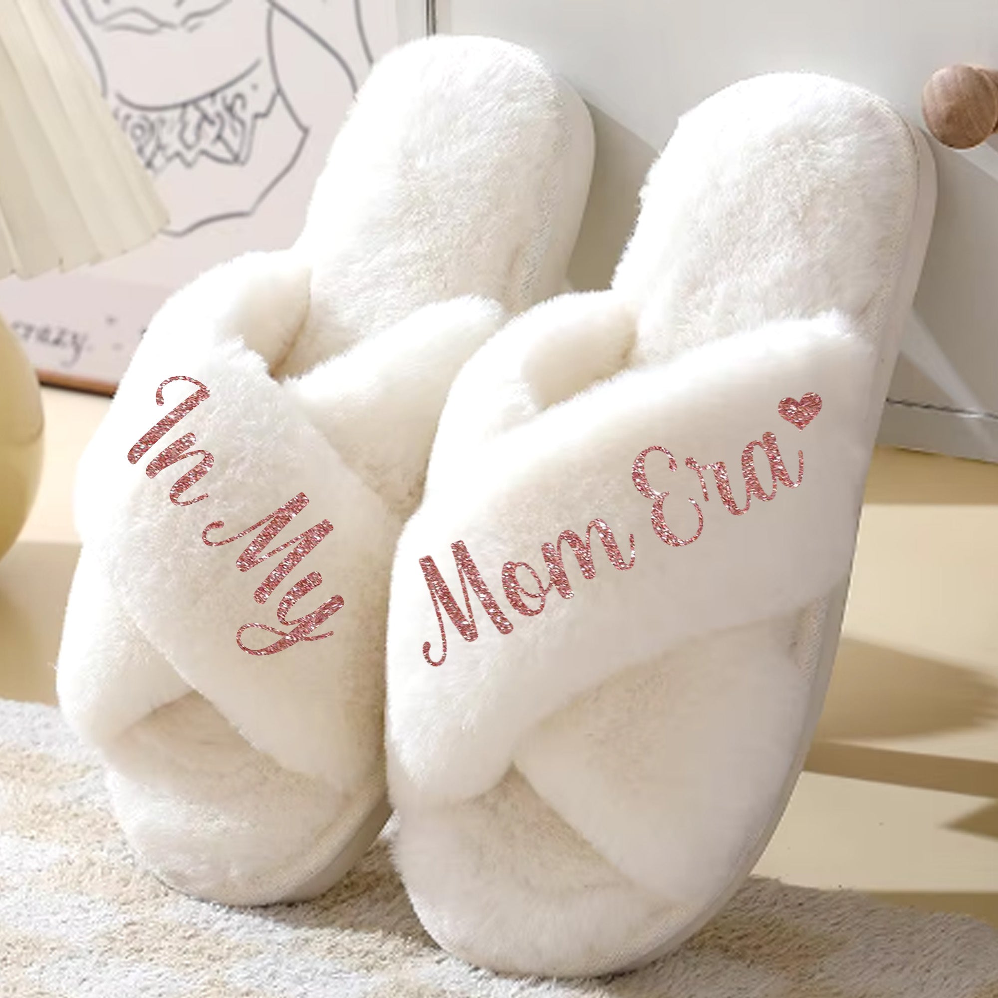 In My Mom Era Fluffy Slippers for Women with Faux Fur Cozy Personalized Gift for Mom for Mother’s Day or Christmas.