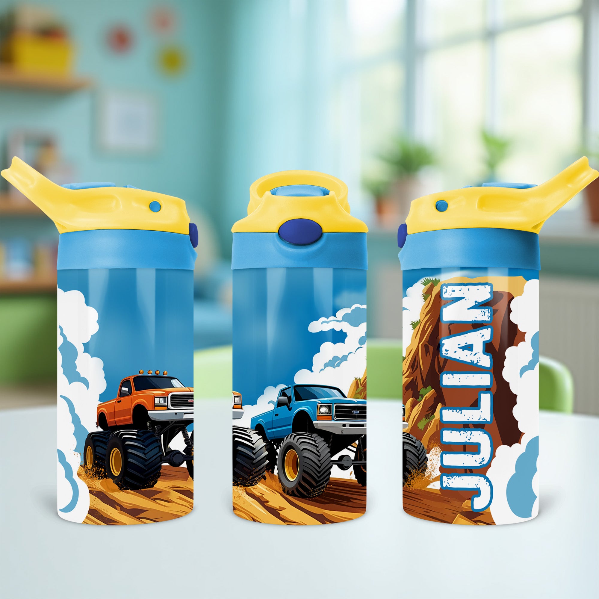 This personalized monster truck water bottle for kids features the child’s name, making it a perfect back-to-school gift for boys.