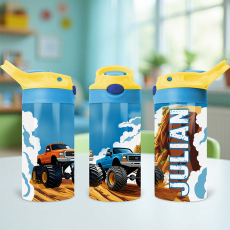 This personalized monster truck water bottle for kids features the child’s name, making it a perfect back-to-school gift for boys.