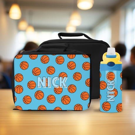 Custom basketball lunch bag for boys with matching water bottle, personalized with name for school or daycare.