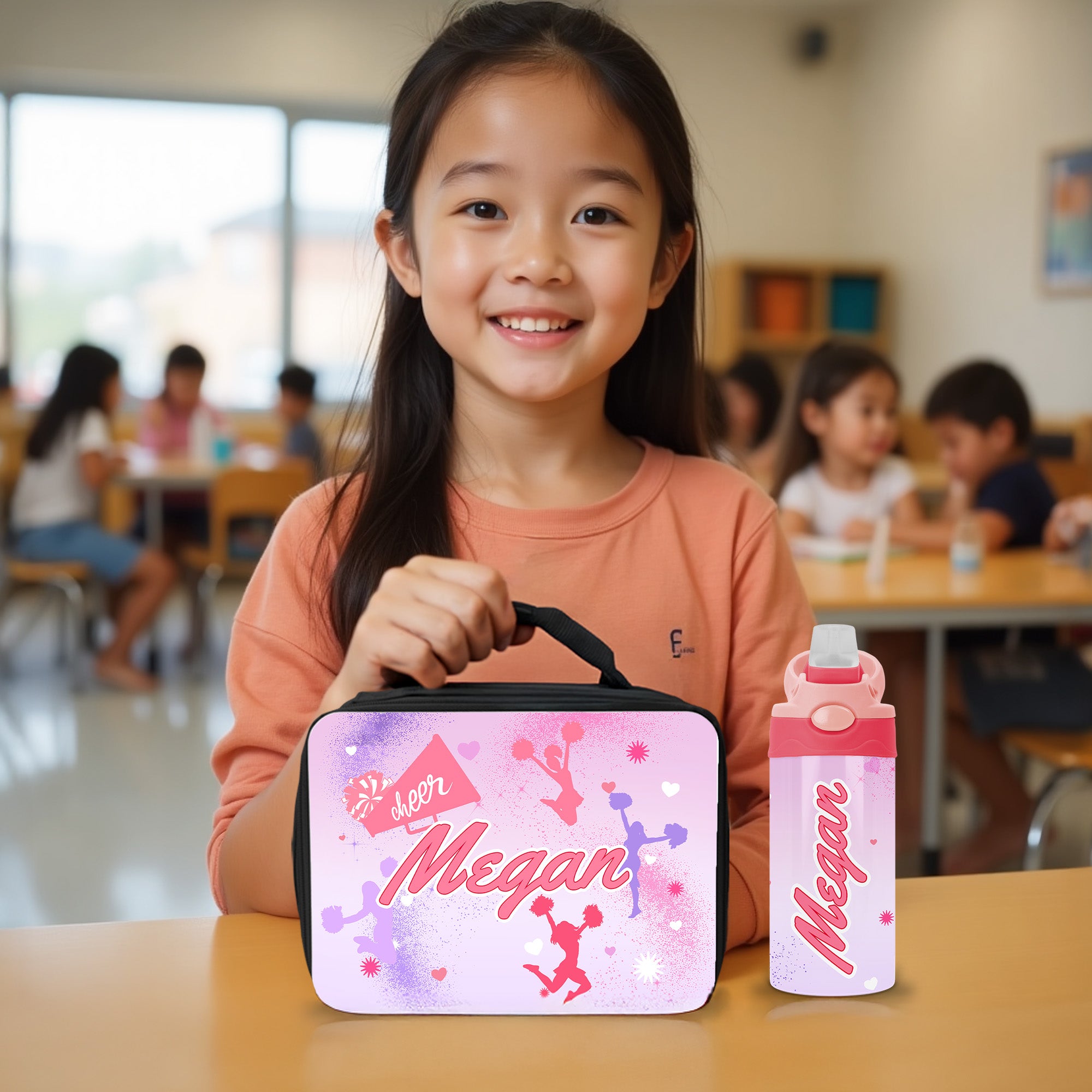 Cute first day of school lunch box with custom name and water bottle for girls. 