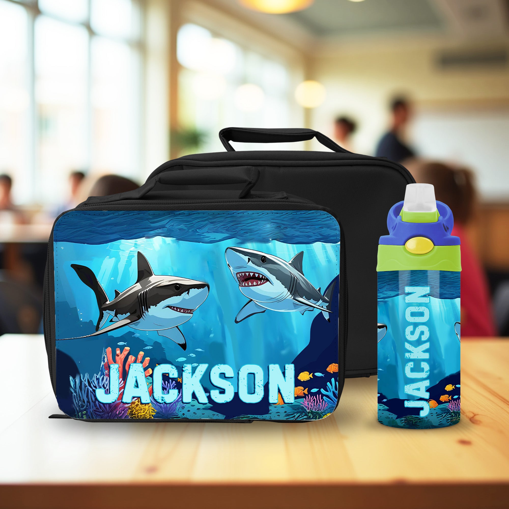Personalized shark lunch box and water bottle set for kids, perfect for ocean-themed back to school supplies.