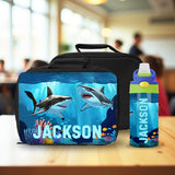Personalized shark lunch box and water bottle set for kids, perfect for ocean-themed back to school supplies.