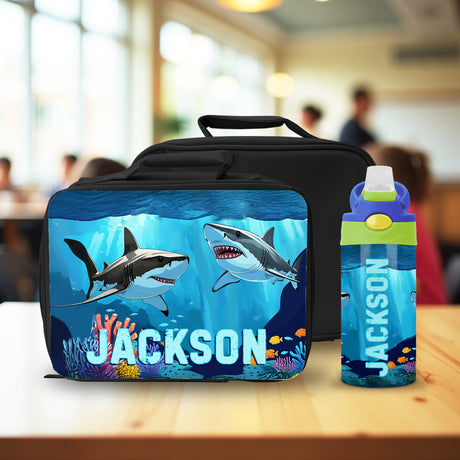 Personalized shark lunch box and water bottle set for kids, perfect for ocean-themed back to school supplies.