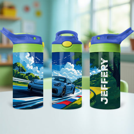 Personalized Race Car Water Bottle for Kids with custom name, perfect for school lunches, backpacks, and first day of school gifts.