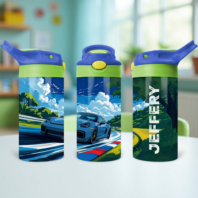 Personalized Race Car Water Bottle for Kids with custom name, perfect for school lunches, backpacks, and first day of school gifts.
