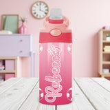 Kids custom water bottle featuring pink soccer design and name personalization for youth athletes.
