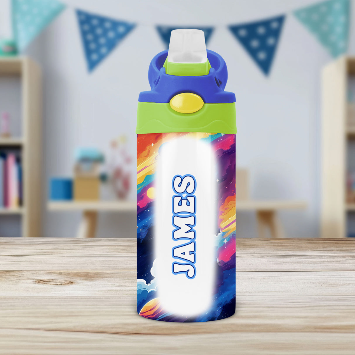Space-themed personalized water bottle for kids, great for sports practice and school use.