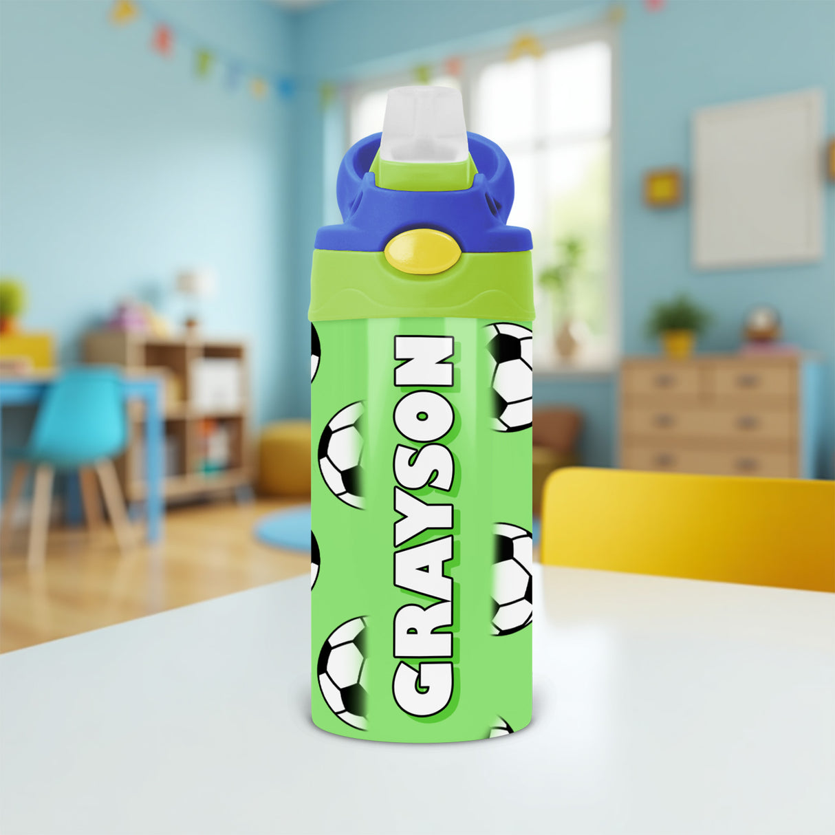 Custom name kids soccer water bottle for back to school accessories and personalized sports gifts.
