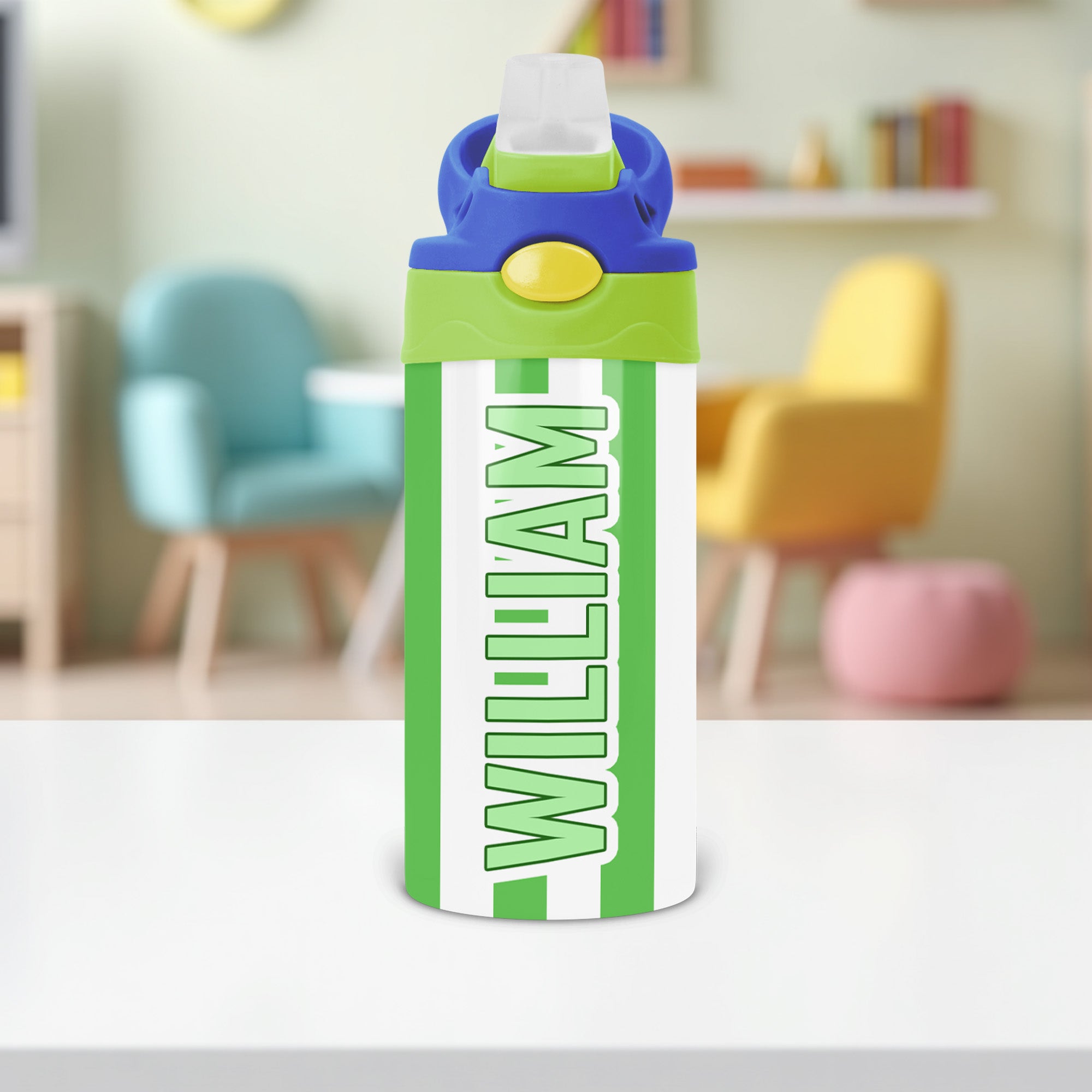 Striped personalized water bottle for school-aged kids, great for lunchboxes, backpacks, and team sports.

