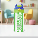 Striped personalized water bottle for school-aged kids, great for lunchboxes, backpacks, and team sports.

