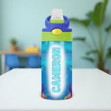 Personalized kids shark water bottle with name, perfect for back to school or daycare use.
