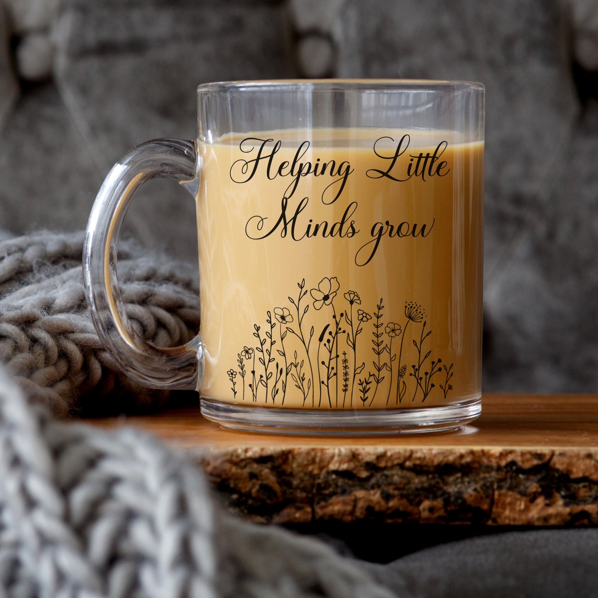 Floral teacher mugs for teacher appreciation gifts. Gift from student to teacher for teacher appreciation. Cute clear glass cup for teachers. 