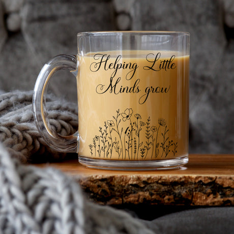 Floral teacher mugs for teacher appreciation gifts. Gift from student to teacher for teacher appreciation. Cute clear glass cup for teachers. 