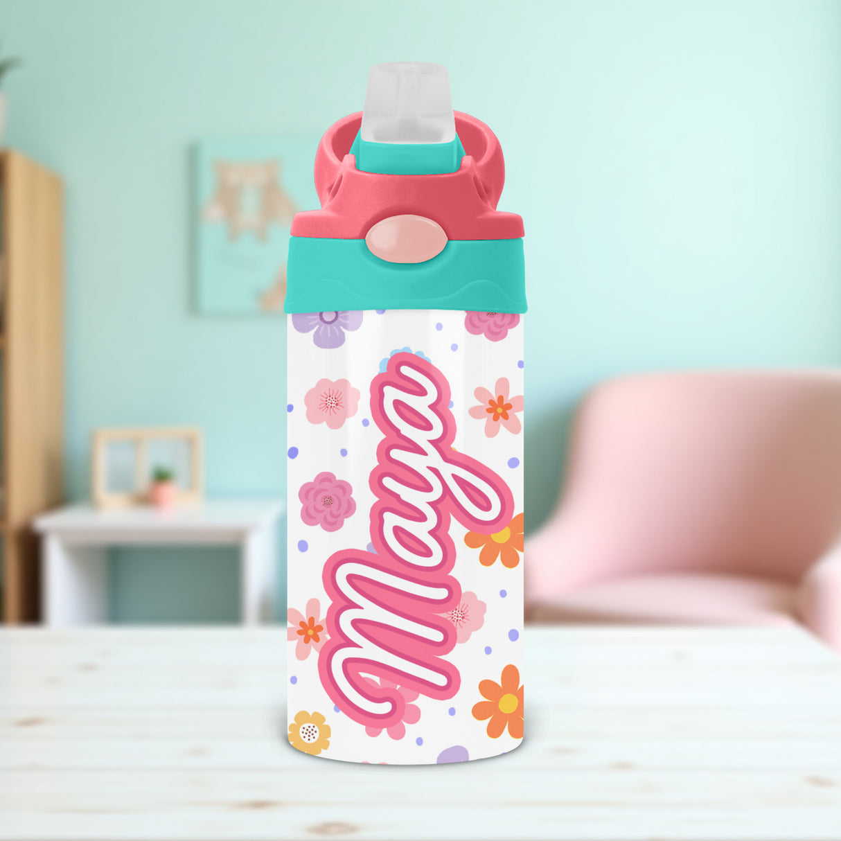 Floral tumbler with flip top lid makes a lovely personalized gift for girls heading back to school.