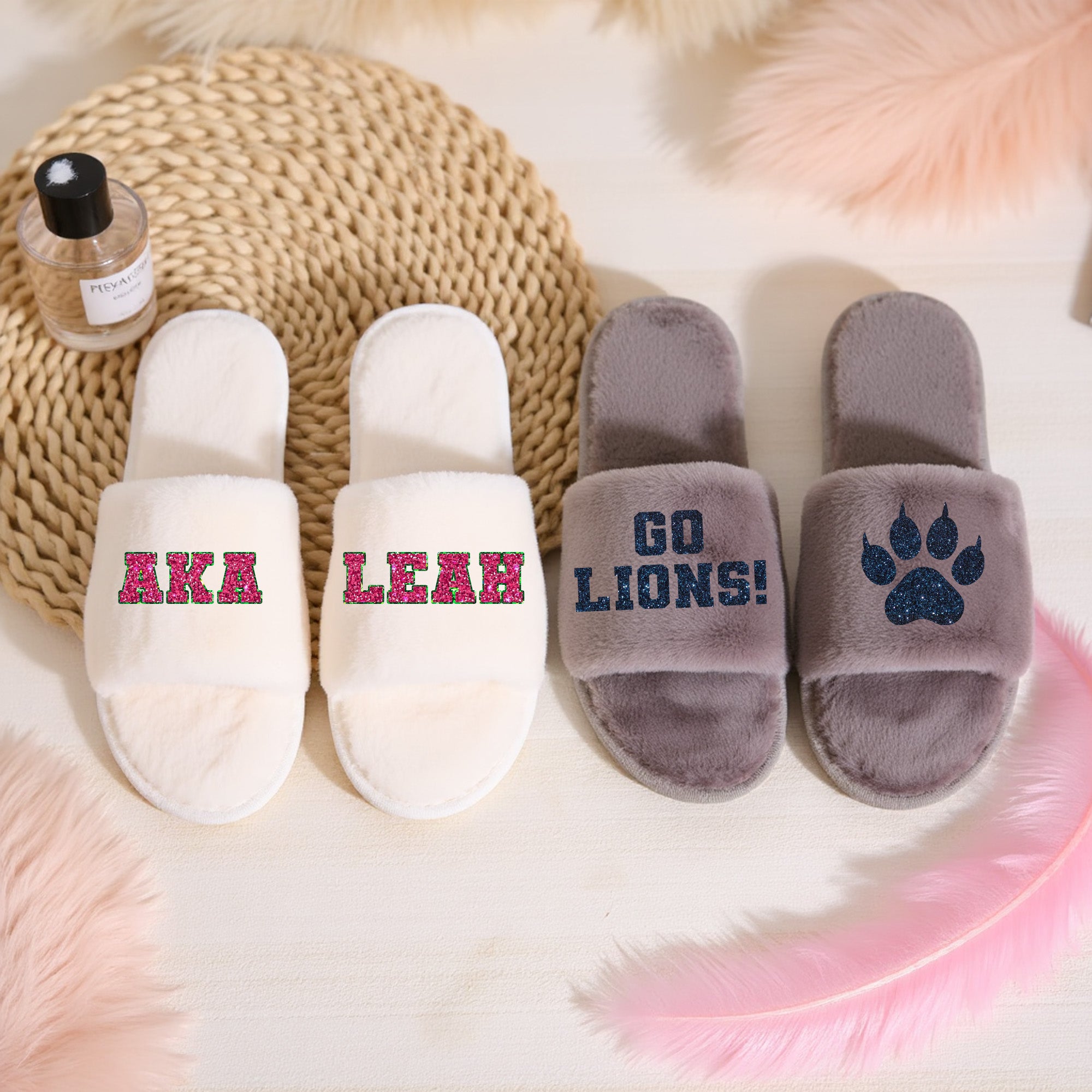 Matching big and little slippers for sorority sisters. Graduation slippers for girls. 