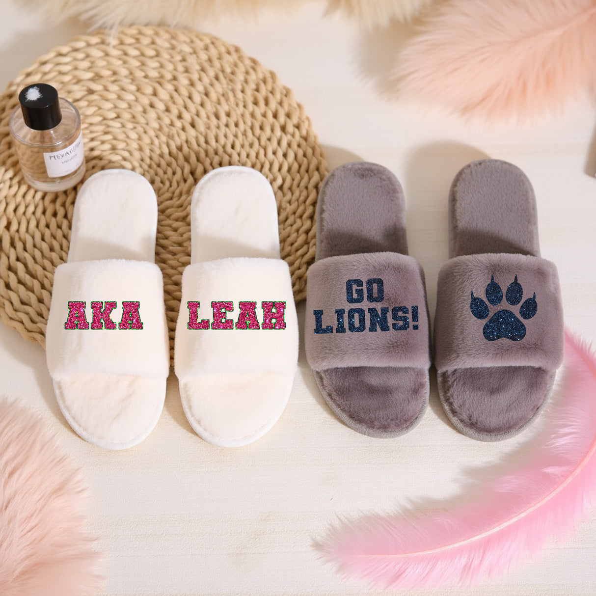 Matching big and little slippers for sorority sisters. Graduation slippers for girls. 