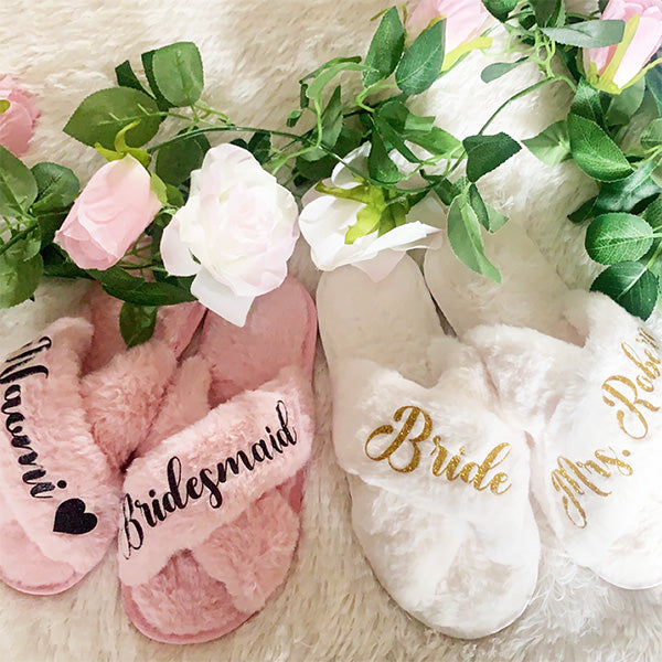 BluChi Personalized Fluffy Slippers for Women/ Bridesmaid & Bride Gift