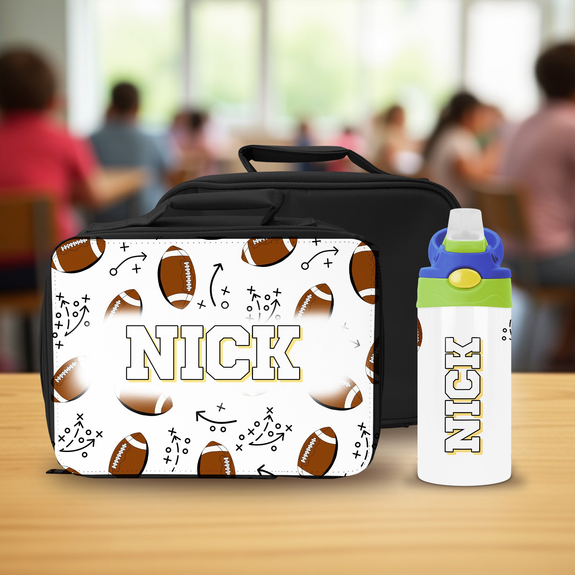 Kids personalized football lunch set with custom name water bottle and insulated lunch box for school.