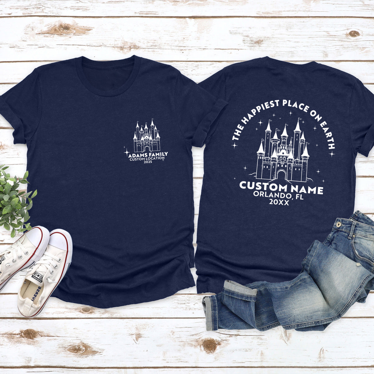 Orlando theme park family vacation shirt featuring a magical castle design, perfect for matching group photos and custom trips.