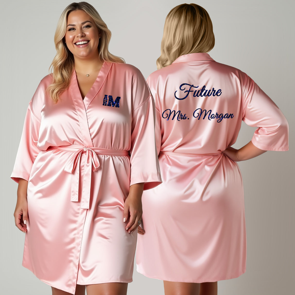 Personalized plus size robes for bride and bridesmaid. Custom future Mrs. robe with monogram text.