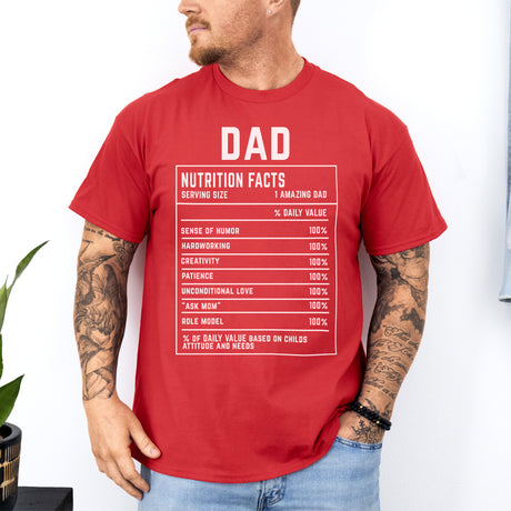 Red Funny Father’s Day graphic tee for dads with custom nutrition facts. Ideal gift from kids or spouse for dad.