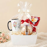 Sweet Cake & Bloom Basket Gift for Her with Bundt Cake, Mug and Fuzzy Socks