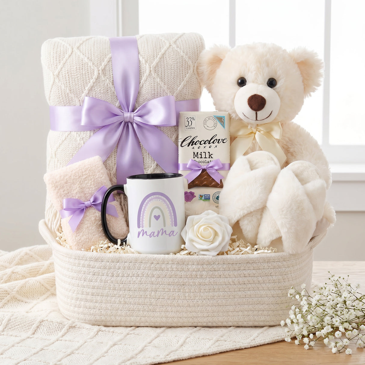 The Snuggle Set Mom Gift Basket with Blanket, Fluffy Slippers, & Teddy Bear