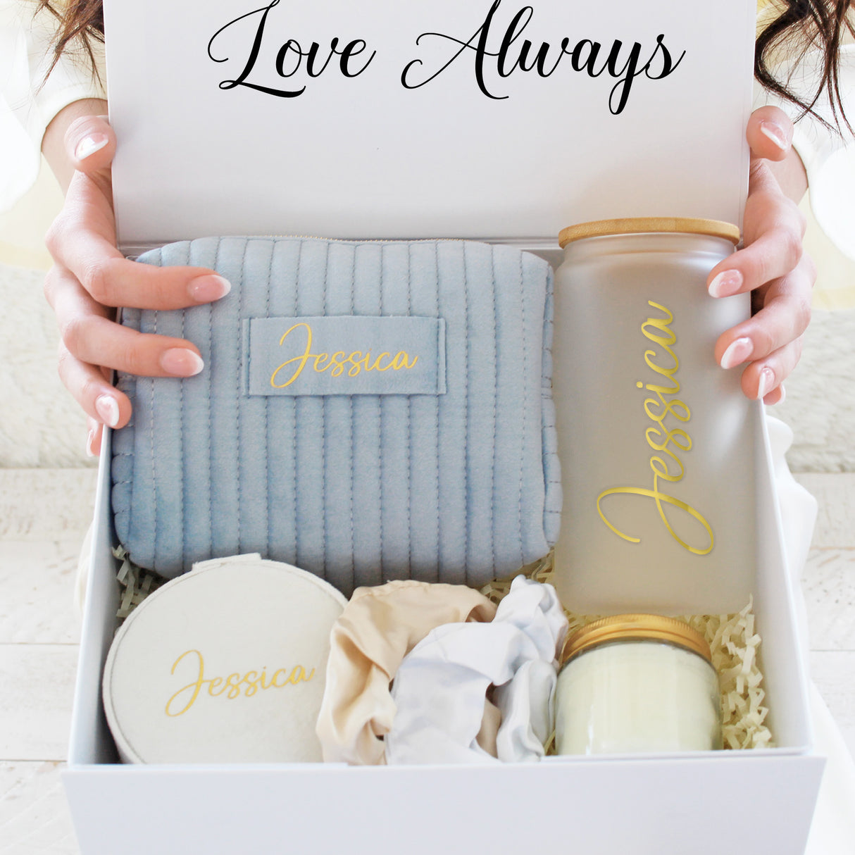 Gift for her custom gift box with personalized birthday gifts and spa products. Birthday gift for her luxury personalized gift set.