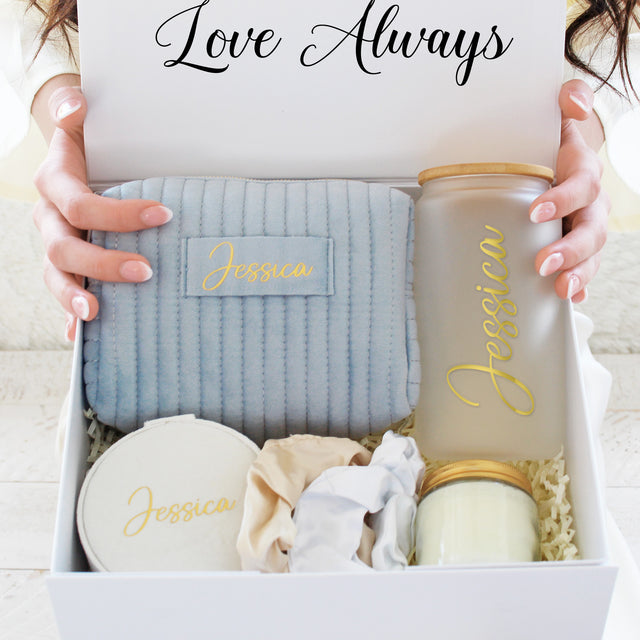 Gift for her custom gift box with personalized birthday gifts and spa products. Birthday gift for her luxury personalized gift set.